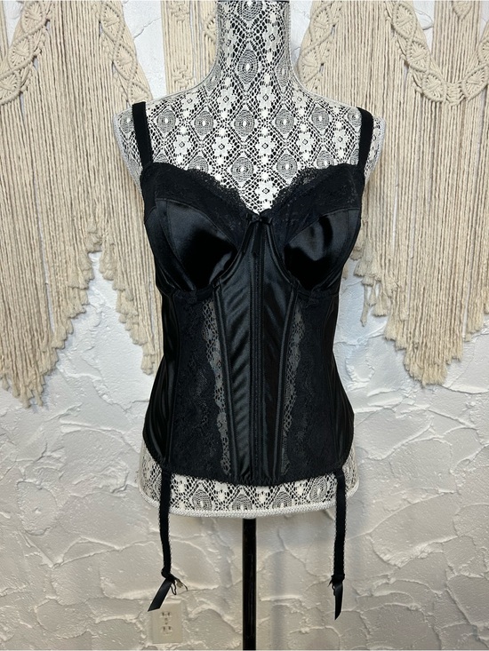 Elomi Tops - Vintage-Inspired Black Satin Lace Corset Top with Garter Straps Elomi Sz 34F